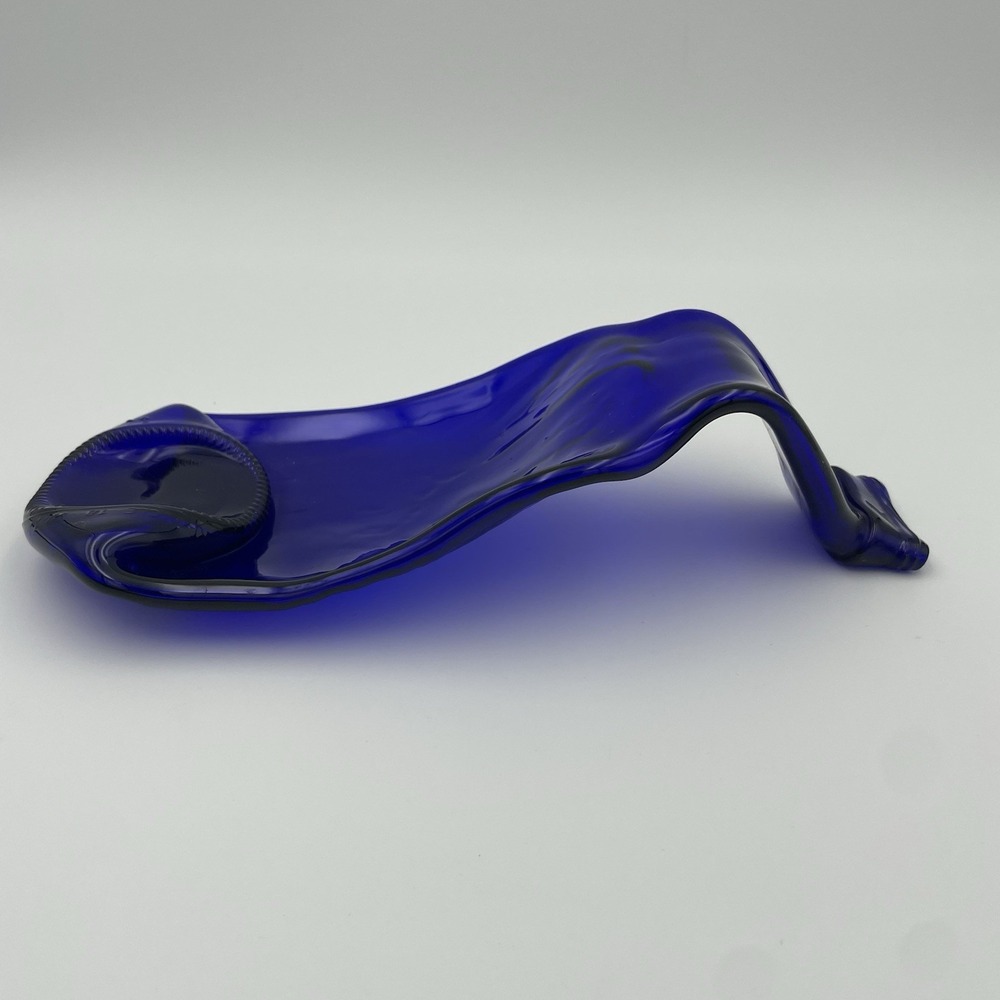 Glass Spoon Rest- Cobalt Blue Hand Melted Flat Bottle Spoon Rest 8" Trinket Tray - Picture 4 of 13